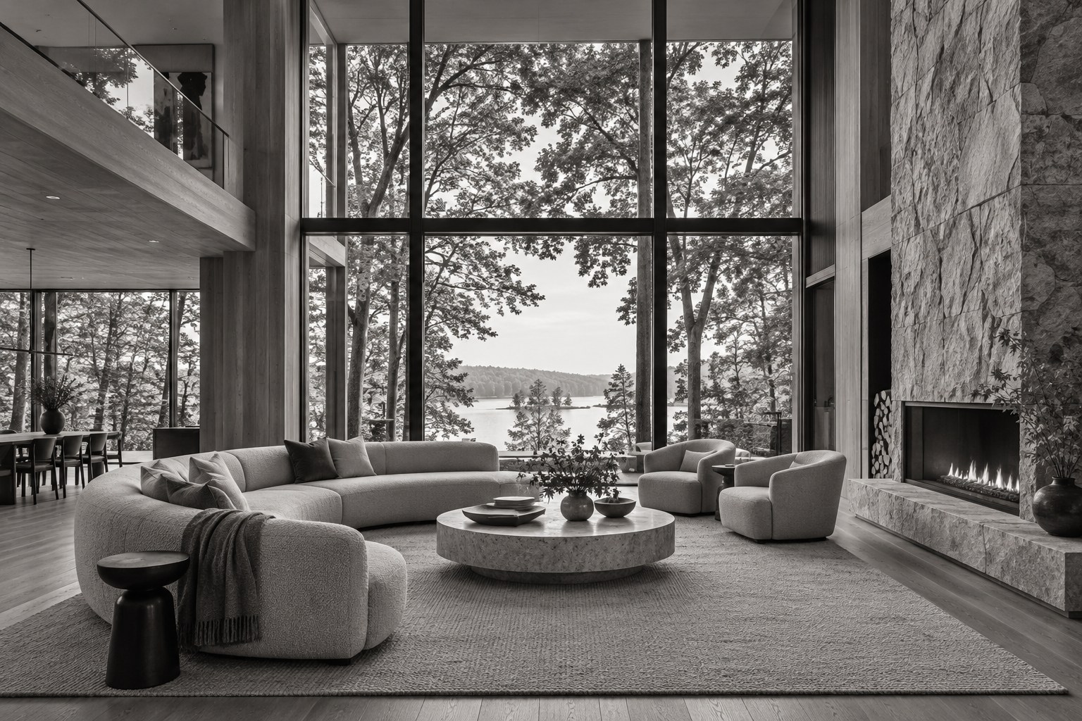 AI-created black-and-white architectural inspiration: a light-filled luxury living room